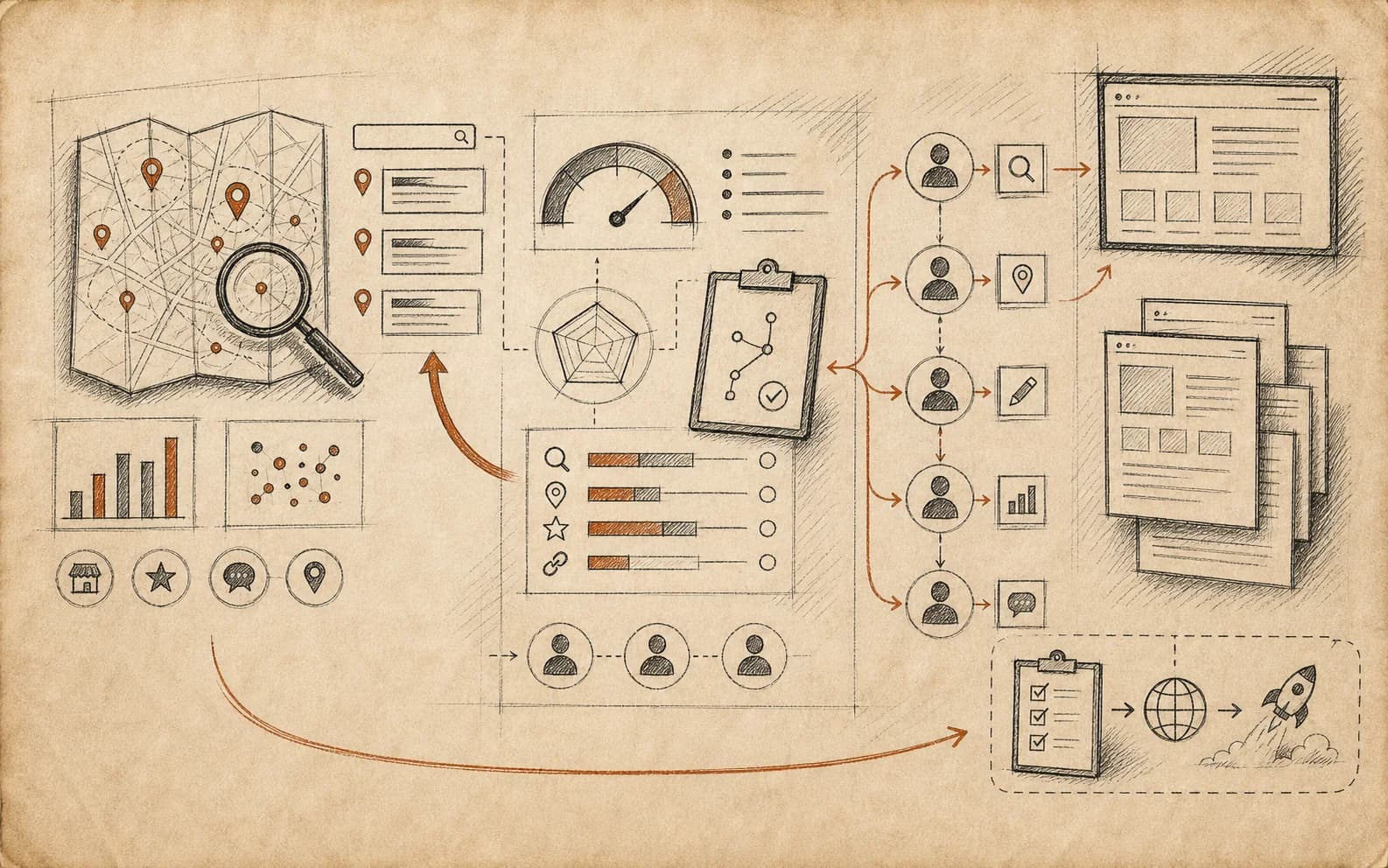 Arte em traço editorial da PageForce com mapa local, auditoria, agentes e handoffs de SEO