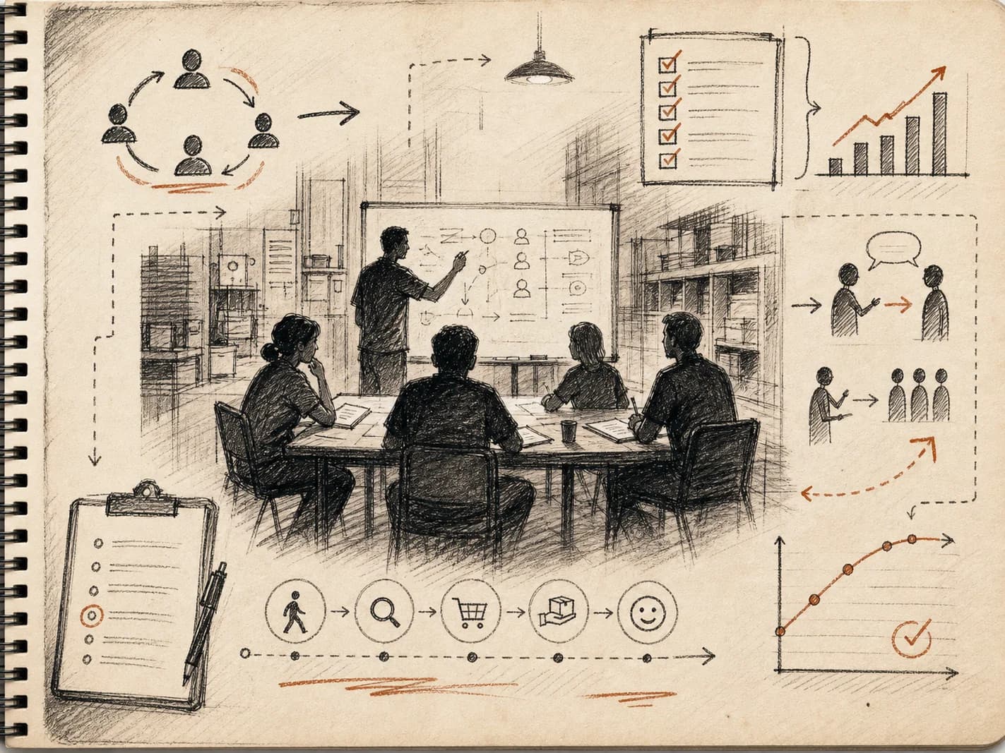 Arte em traço editorial de treinamento de equipe, feedback e rotina de formação