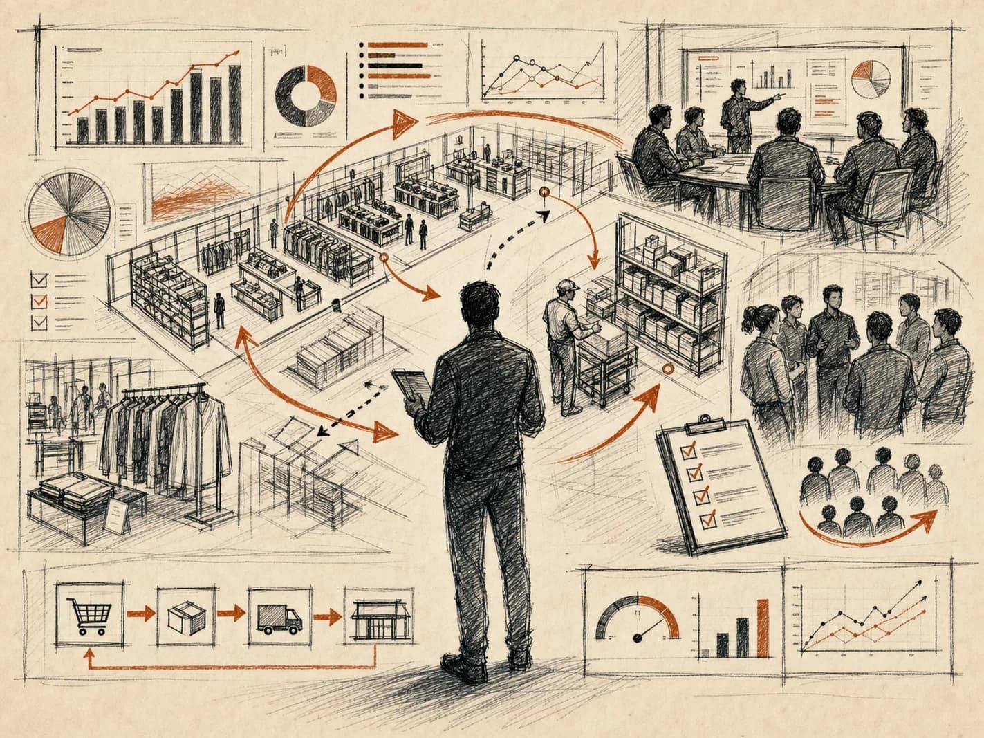 Arte em traço editorial de loja completa, estoque, indicadores e liderança operacional