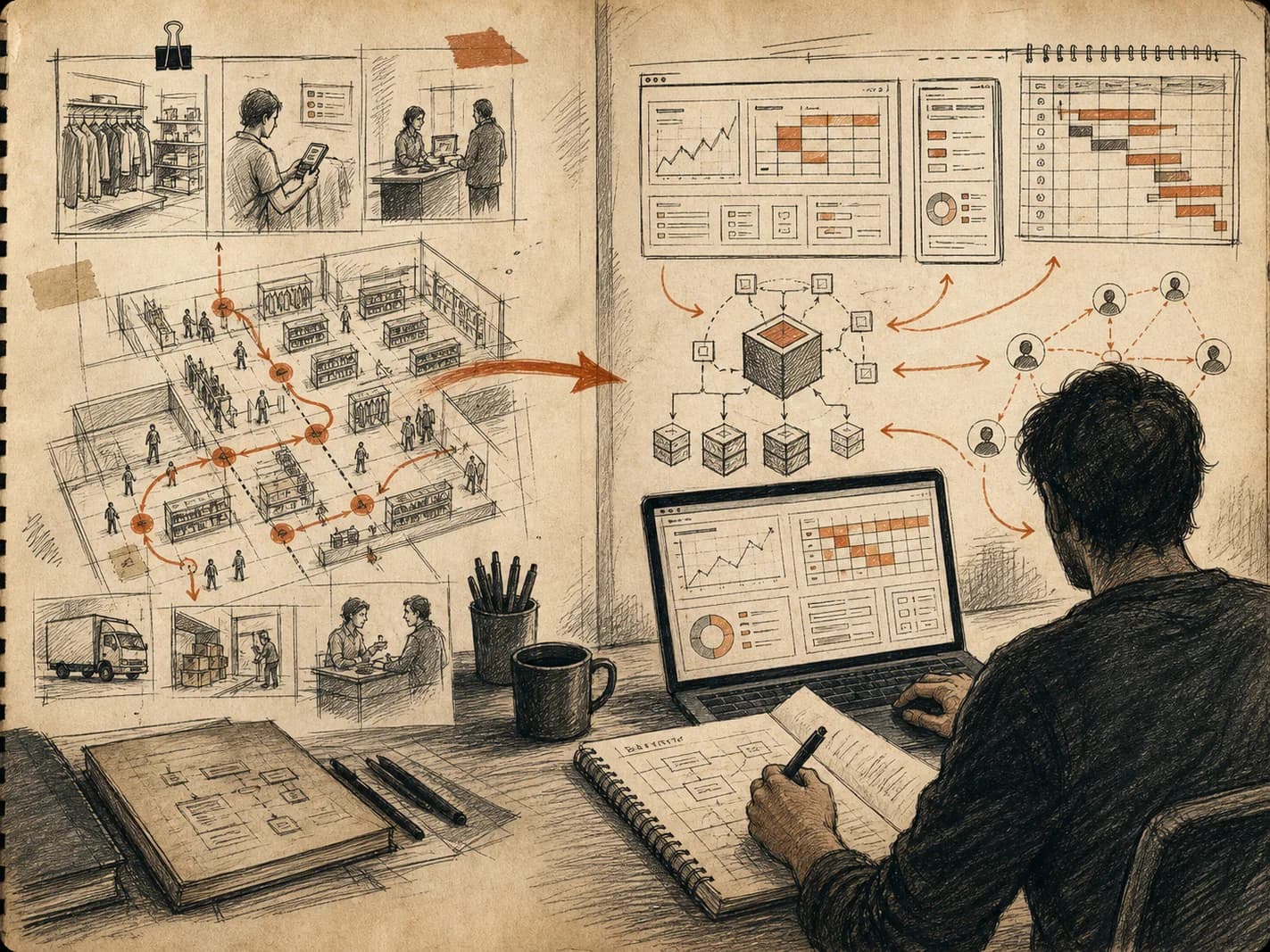 Arte em traço editorial de mesa de trabalho com laptop, dashboards, escala e agentes