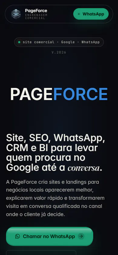 Página inicial da PageForce apresentando sua operação de sites, SEO e WhatsApp.