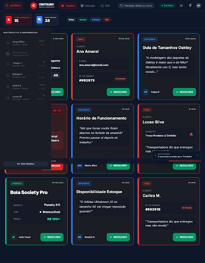 Painel do Agente Cadu com atendimentos de WhatsApp e status de resolucao