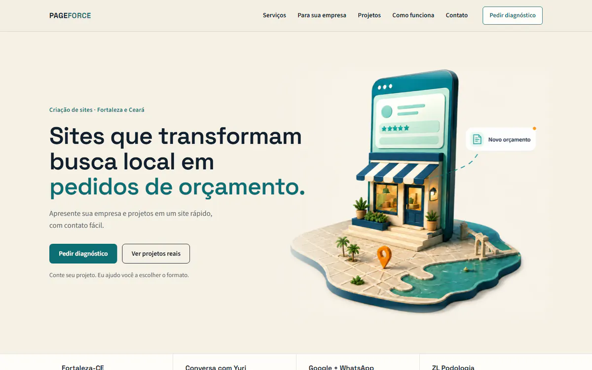 Página inicial da PageForce apresentando sua operação de sites, SEO e WhatsApp.
