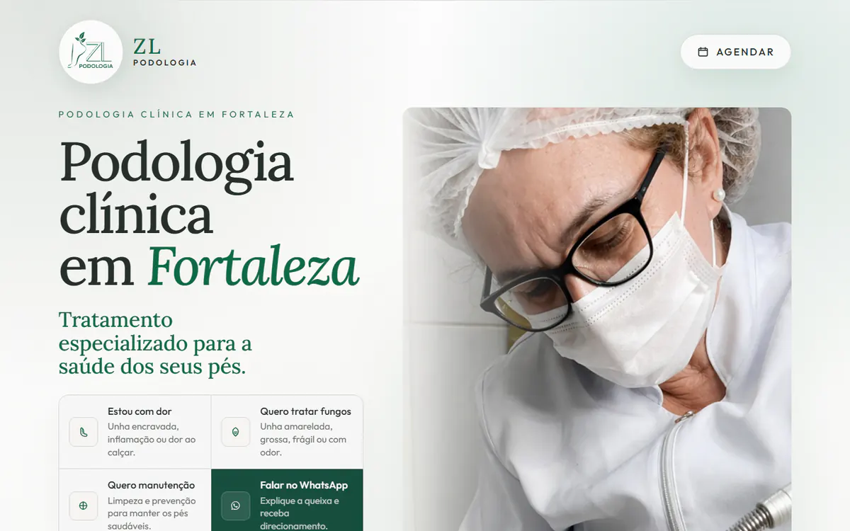 Página inicial da ZL Podologia com atendimento clínico e agendamento em destaque.