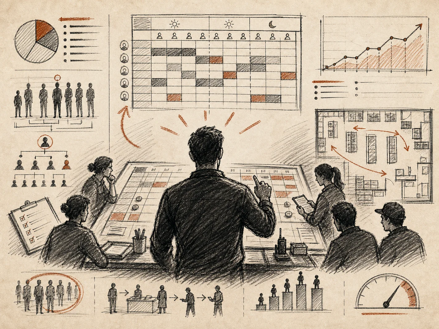 Arte em traço de supervisão, escala e cobertura de time