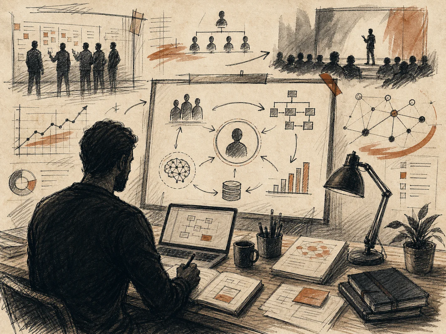 Arte em traço de builder independente com produtos e agentes