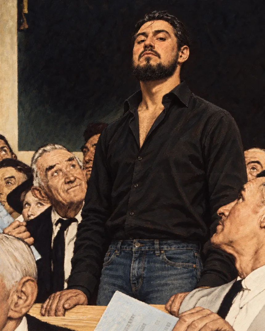 Yuri Queiroz de pé numa assembleia, em pintura no estilo ilustração americana dos anos 1940